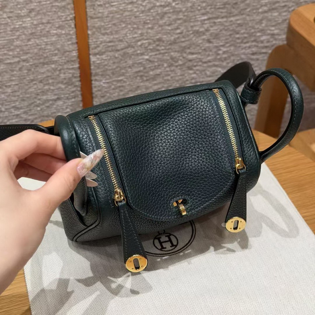 Hermes Lindy Mini 19 CM Bag Handmade In Taurillon Clemence Leather Gold Hardware 67 Vert Fonce - Image 11