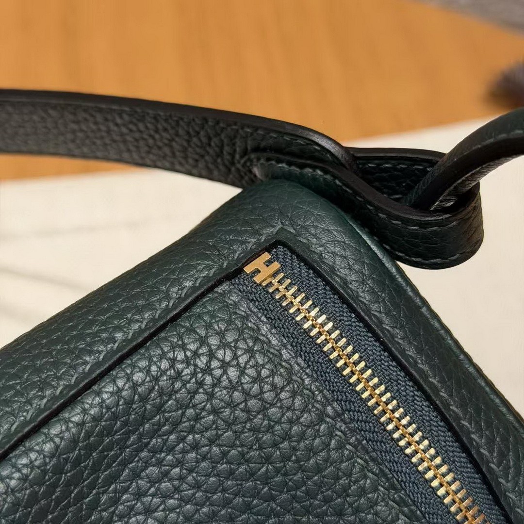Hermes Lindy Mini 19 CM Bag Handmade In Taurillon Clemence Leather Gold Hardware 67 Vert Fonce - Image 9