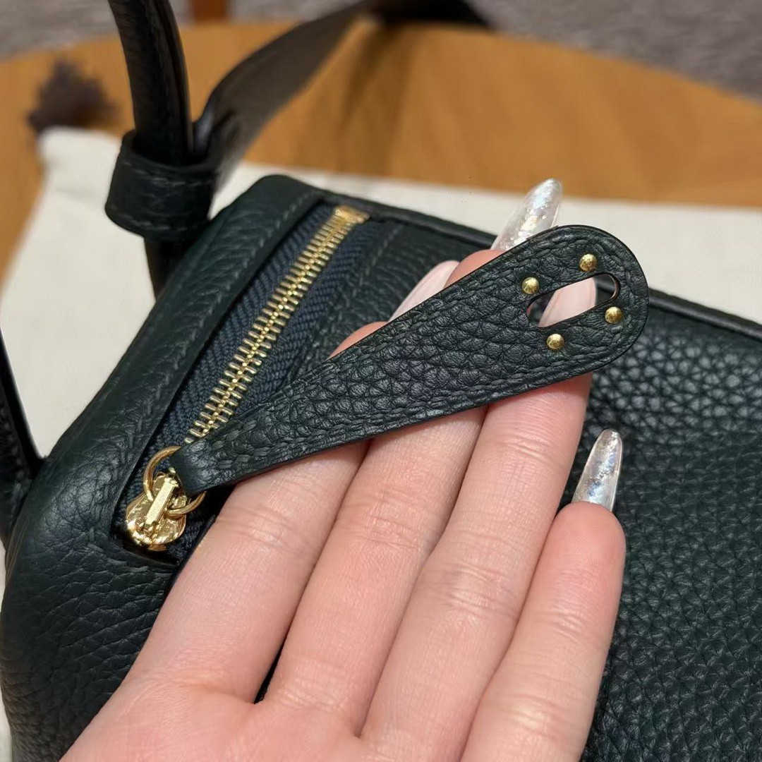 Hermes Lindy Mini 19 CM Bag Handmade In Taurillon Clemence Leather Gold Hardware 67 Vert Fonce - Image 8