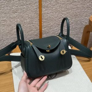 Hermes Lindy Mini 19 CM Bag Handmade In Taurillon Clemence Leather Gold Hardware 6O Vert Cypres