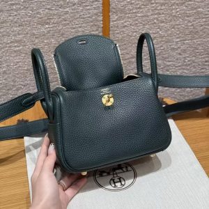 Hermes Lindy Mini 19 CM Bag Handmade In Taurillon Clemence Leather Gold Hardware 6O Vert Cypres - Image 22