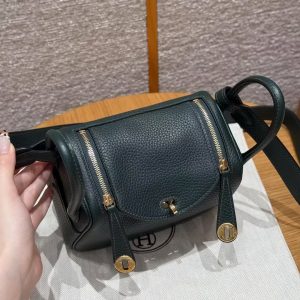 Hermes Lindy Mini 19 CM Bag Handmade In Taurillon Clemence Leather Gold Hardware 6O Vert Cypres - Image 16