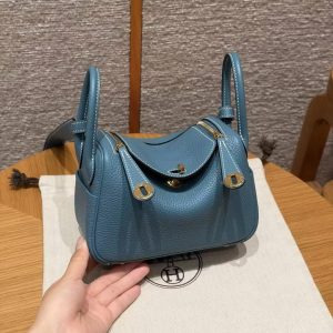 Hermes Lindy Mini 19 CM Bag Handmade In Taurillon Clemence Leather Gold Hardware 75 Blue Jean