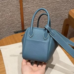 Hermes Lindy Mini 19 CM Bag Handmade In Taurillon Clemence Leather Gold Hardware 75 Blue Jean - Image 20
