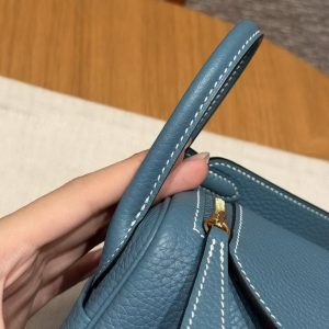 Hermes Lindy Mini 19 CM Bag Handmade In Taurillon Clemence Leather Gold Hardware 75 Blue Jean - Image 8