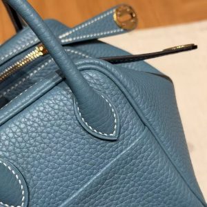 Hermes Lindy Mini 19 CM Bag Handmade In Taurillon Clemence Leather Gold Hardware 75 Blue Jean - Image 7