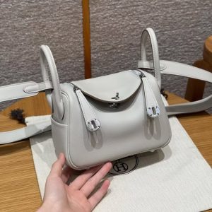 Hermes Lindy Mini 19 CM Bag Handmade In Swift Leather Silver Hardware 80 Gris Perle