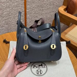 Hermes Lindy Mini 19 CM Bag Handmade In Taurillon Clemence Leather Gold Hardware 85 Ardoise