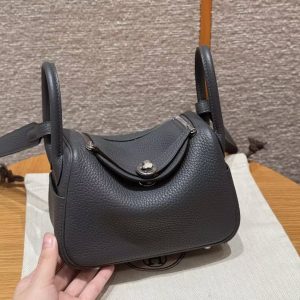 Hermes Lindy Mini 19 CM Bag Handmade In Taurillon Clemence Leather Silver Hardware 85 Ardoise