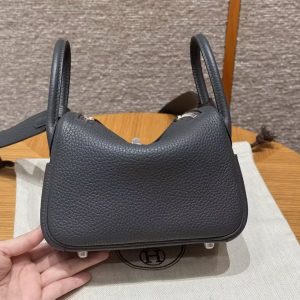 Hermes Lindy Mini 19 CM Bag Handmade In Taurillon Clemence Leather Silver Hardware 85 Ardoise - Image 2
