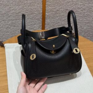 Hermes Lindy Mini 19 CM Bag Handmade In Taurillon Clemence Leather Gold Hardware 89 Noir