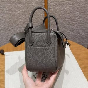 Hermes Lindy Mini 19 CM Bag Handmade In Taurillon Clemence Leather Silver Hardware 8F Girs Etain - Image 18