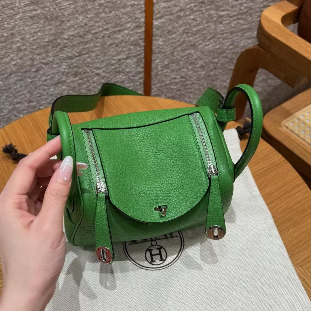Hermes Lindy Mini 19 CM Bag Handmade In Taurillon Clemence Leather Silver Hardware A8 Vert Yucca - Image 15