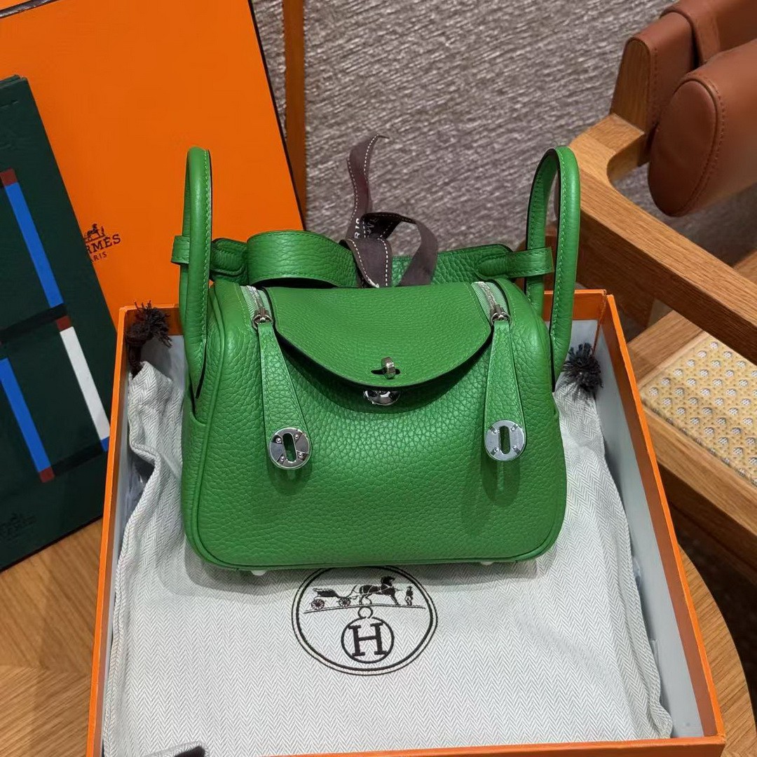 Hermes Lindy Mini 19 CM Bag Handmade In Taurillon Clemence Leather Silver Hardware A8 Vert Yucca - Image 13