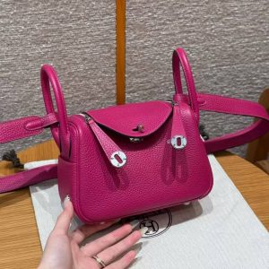 Hermes Lindy Mini 19 CM Bag Handmade In Taurillon Clemence Leather Silver Hardware L3 Rose Purple