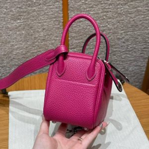 Hermes Lindy Mini 19 CM Bag Handmade In Taurillon Clemence Leather Silver Hardware L3 Rose Purple - Image 23