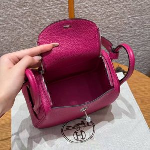 Hermes Lindy Mini 19 CM Bag Handmade In Taurillon Clemence Leather Silver Hardware L3 Rose Purple - Image 20