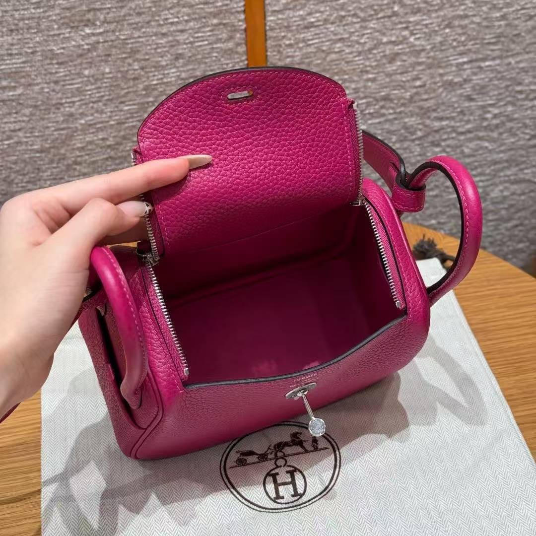 Hermes Lindy Mini 19 CM Bag Handmade In Taurillon Clemence Leather Silver Hardware L3 Rose Purple - Image 20