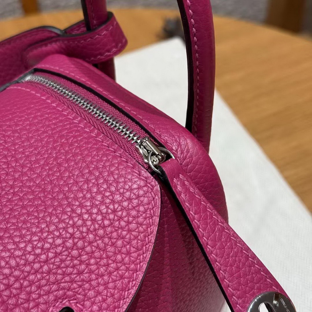 Hermes Lindy Mini 19 CM Bag Handmade In Taurillon Clemence Leather Silver Hardware L3 Rose Purple - Image 13