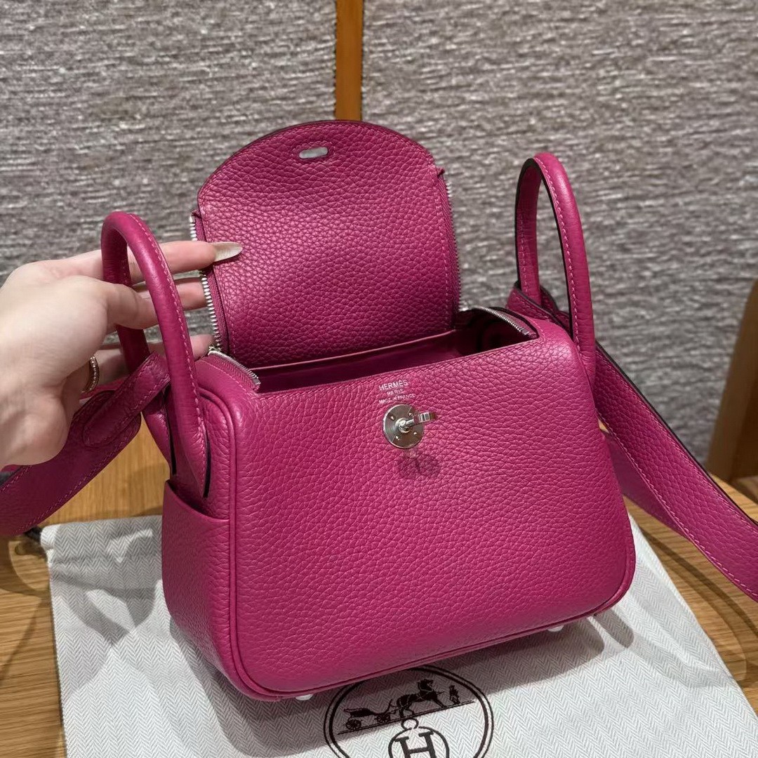 Hermes Lindy Mini 19 CM Bag Handmade In Taurillon Clemence Leather Silver Hardware L3 Rose Purple - Image 9