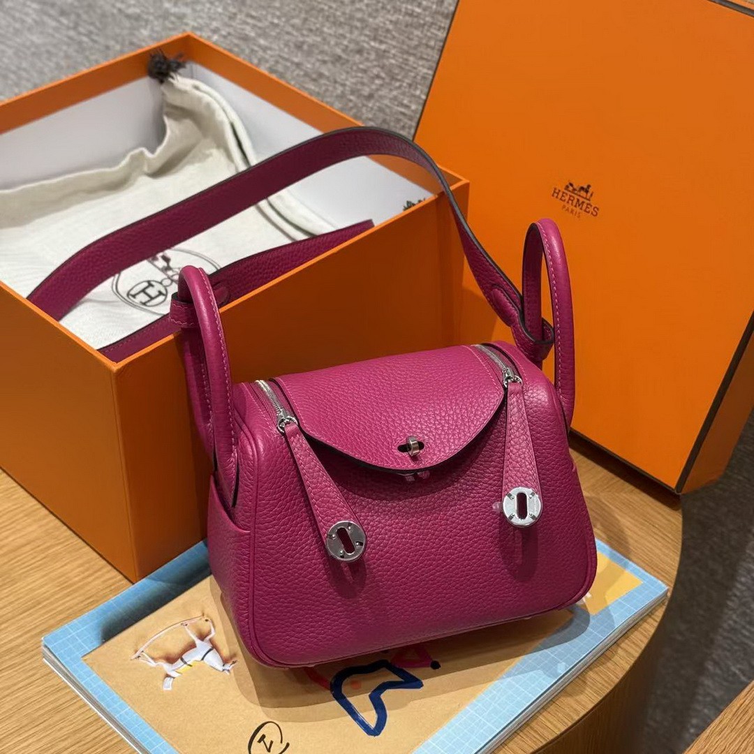 Hermes Lindy Mini 19 CM Bag Handmade In Taurillon Clemence Leather Silver Hardware L3 Rose Purple - Image 7