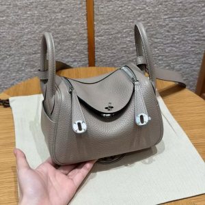 Hermes Lindy Mini 19 CM Bag Handmade In Taurillon Clemence Leather Silver Hardware M8 Gris Asphalte