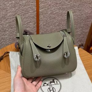 Hermes Lindy Mini 19 CM Bag Handmade In Taurillon Clemence Leather Silver Hardware Q1 Sauge - Image 2