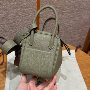 Hermes Lindy Mini 19 CM Bag Handmade In Taurillon Clemence Leather Silver Hardware Q1 Sauge - Image 14