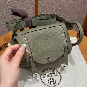 Hermes Lindy Mini 19 CM Bag Handmade In Taurillon Clemence Leather Silver Hardware Q1 Sauge - Image 12
