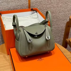 Hermes Lindy Mini 19 CM Bag Handmade In Taurillon Clemence Leather Silver Hardware Q1 Sauge