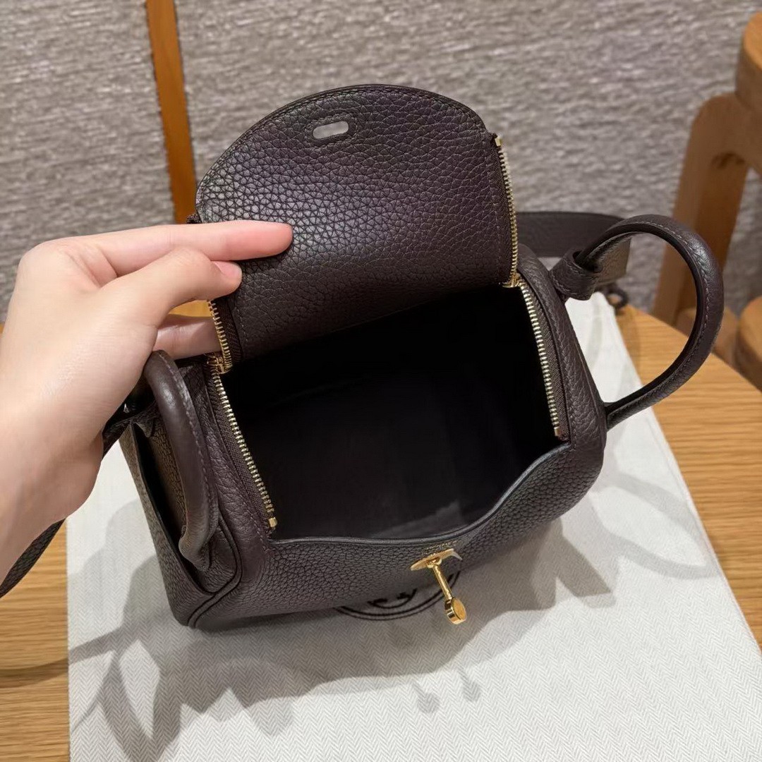 Hermes Lindy Mini 19 CM Bag Handmade In Taurillon Clemence Leather Gold Hardware T3 Bai Brun - Image 8