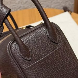 Hermes Lindy Mini 19 CM Bag Handmade In Taurillon Clemence Leather Gold Hardware T3 Bai Brun - Image 7