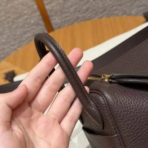 Hermes Lindy Mini 19 CM Bag Handmade In Taurillon Clemence Leather Gold Hardware T3 Bai Brun - Image 5