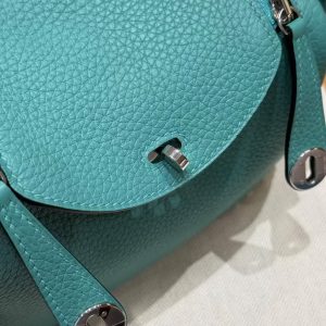 Hermes Lindy Mini 19 CM Bag Handmade In Taurillon Clemence Leather Silver Hardware U1 Vert Verone - Image 8