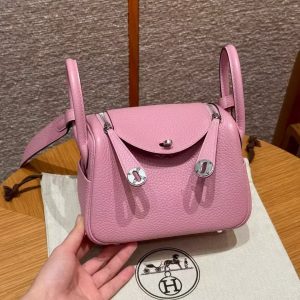 Hermes Lindy Mini 19 CM Bag Handmade In Taurillon Clemence Leather Silver Hardware X9 Mauve