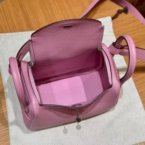 Hermes Lindy Mini 19 CM Bag Handmade In Taurillon Clemence Leather Silver Hardware X9 Mauve - Image 13