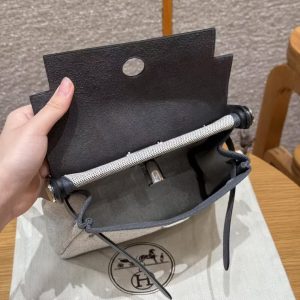 Hermes Mini Herbag Zip 20 Bag Retourne Ecru Blue Glacier Ardoise Handmade In Militaire Canvas and Hunter Cowhide Silver Hardware - Image 25