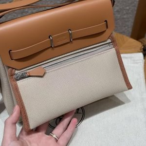 Hermes Mini Herbag Zip 20 Bag Retourne Beton Naturel Sable Handmade In Militaire Canvas and Hunter Cowhide Silver Hardware - Image 18