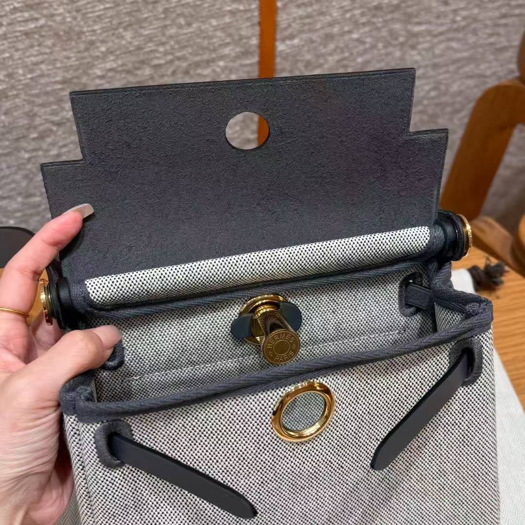 Hermes Mini Herbag Zip 20 Bag Retourne Ecru Blue Glacier Ardoise Handmade In Militaire Canvas and Hunter Cowhide Gold Hardware - Image 25