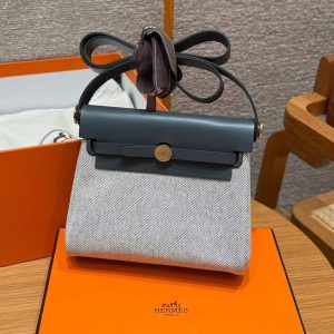 Hermes Mini Herbag Zip 20 Bag Retourne Ecru Blue Glacier Ardoise Handmade In Militaire Canvas and Hunter Cowhide Gold Hardware - Image 12