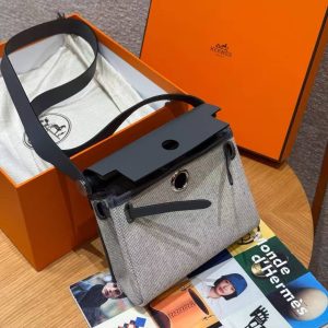 Hermes Mini Herbag Zip 20 Bag Retourne Ecru Blue Glacier Ardoise Handmade In Militaire Canvas and Hunter Cowhide Silver Hardware - Image 6