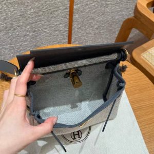 Hermes Mini Herbag Zip 20 Bag Retourne Ecru Blue Glacier Ardoise Handmade In Militaire Canvas and Hunter Cowhide Gold Hardware - Image 26