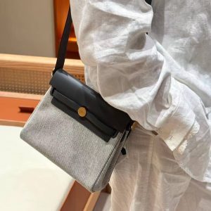 Hermes Mini Herbag Zip 20 Bag Retourne Ecru Blue Glacier Ardoise Handmade In Militaire Canvas and Hunter Cowhide Gold Hardware - Image 3