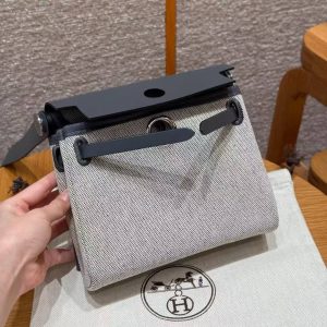 Hermes Mini Herbag Zip 20 Bag Retourne Ecru Blue Glacier Ardoise Handmade In Militaire Canvas and Hunter Cowhide Silver Hardware - Image 13