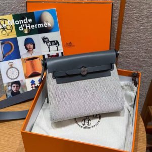 Hermes Mini Herbag Zip 20 Bag Retourne Ecru Blue Glacier Ardoise Handmade In Militaire Canvas and Hunter Cowhide Silver Hardware - Image 5