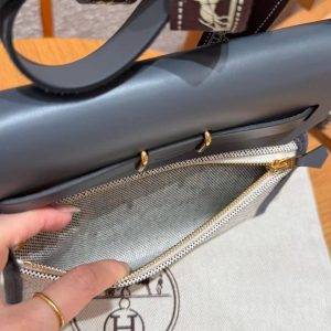 Hermes Mini Herbag Zip 20 Bag Retourne Ecru Blue Glacier Ardoise Handmade In Militaire Canvas and Hunter Cowhide Gold Hardware - Image 22