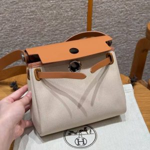 Hermes Mini Herbag Zip 20 Bag Retourne Beton Naturel Sable Handmade In Militaire Canvas and Hunter Cowhide Silver Hardware - Image 14