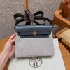 Hermes Mini Herbag Zip 20 Bag Retourne Ecru Blue Glacier Ardoise Handmade In Militaire Canvas and Hunter Cowhide Gold Hardware