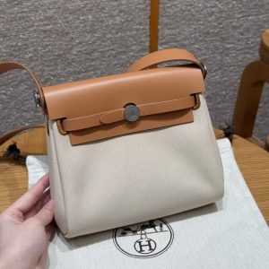 Hermes Mini Herbag Zip 20 Bag Retourne Beton Naturel Sable Handmade In Militaire Canvas and Hunter Cowhide Silver Hardware