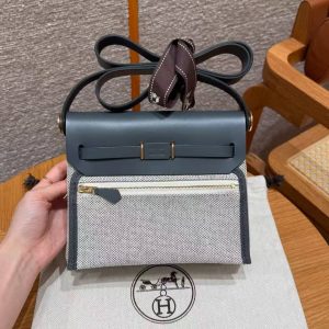 Hermes Mini Herbag Zip 20 Bag Retourne Ecru Blue Glacier Ardoise Handmade In Militaire Canvas and Hunter Cowhide Gold Hardware - Image 2